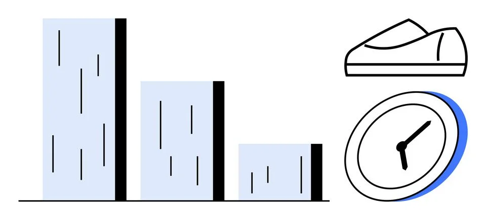 Bar graph with three columns, analog clock with a blue accent, and a sneaker. Stock Illustration