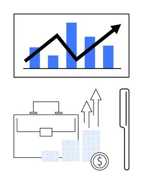 Bar graph with upward arrow, briefcase, stacked coins, dollar sign, and pen.  Stock Illustration