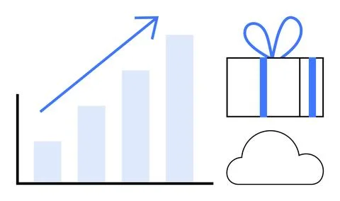 Bar graph with an upward arrow, gift box with ribbon, and cloud icon represen Stockillustratie