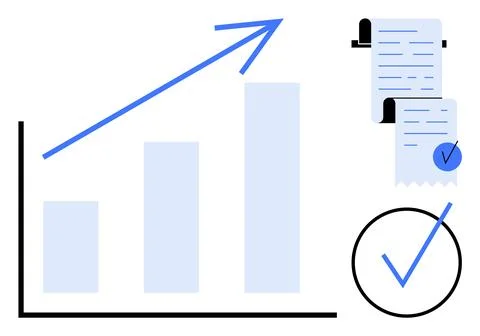 Bar graph with upward arrow. Two financial documents with checkmarks. Large c Stock Illustration
