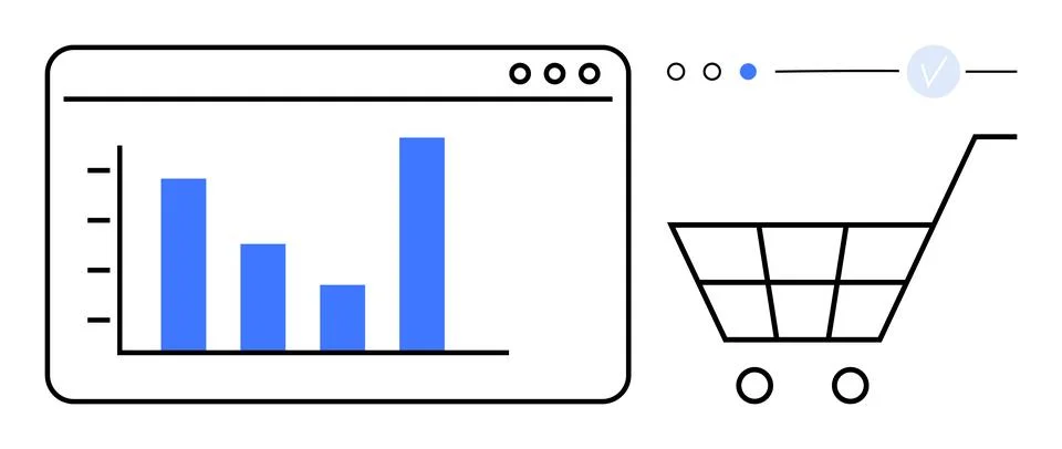Bar graph on web browser window next to a shopping cart icon. Ideal for e-com Stock Illustration