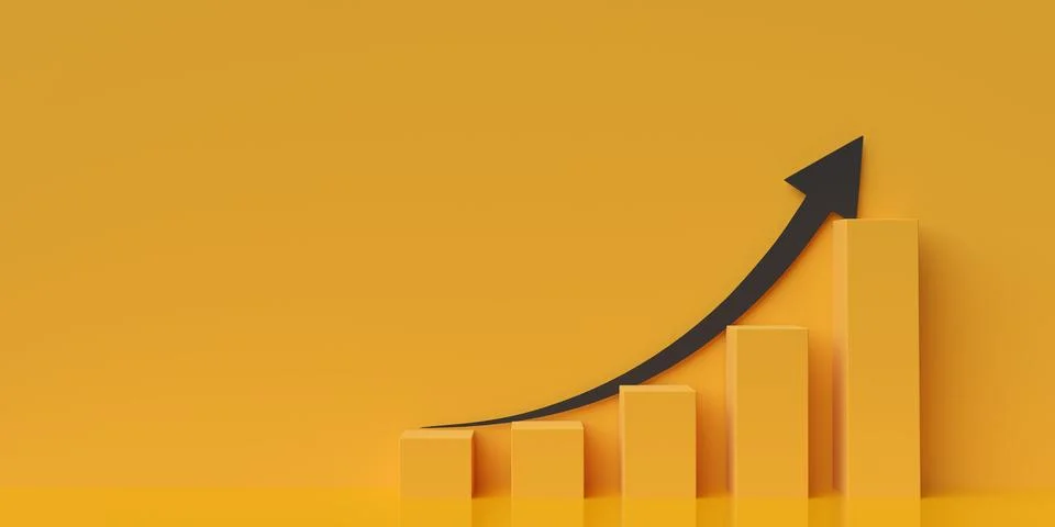 Bar graph from yellow boxes with rising black arrow on yellow background, f.. Stock Illustration