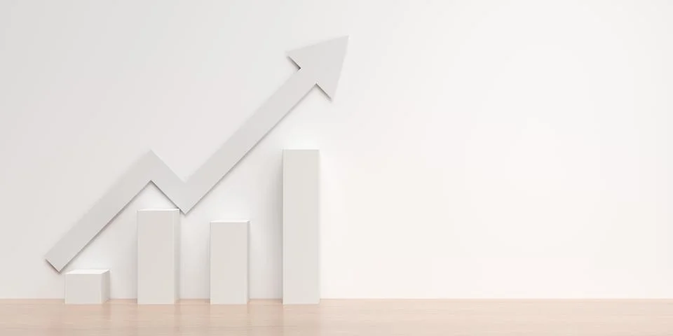Bar graph from yellow boxes with rising arrow on wooden table over white wa.. 스톡 일러스트