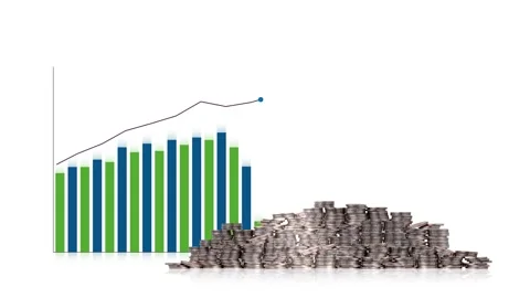 Bar graphs and line graphs and piles of coins Stock Footage 278146747
