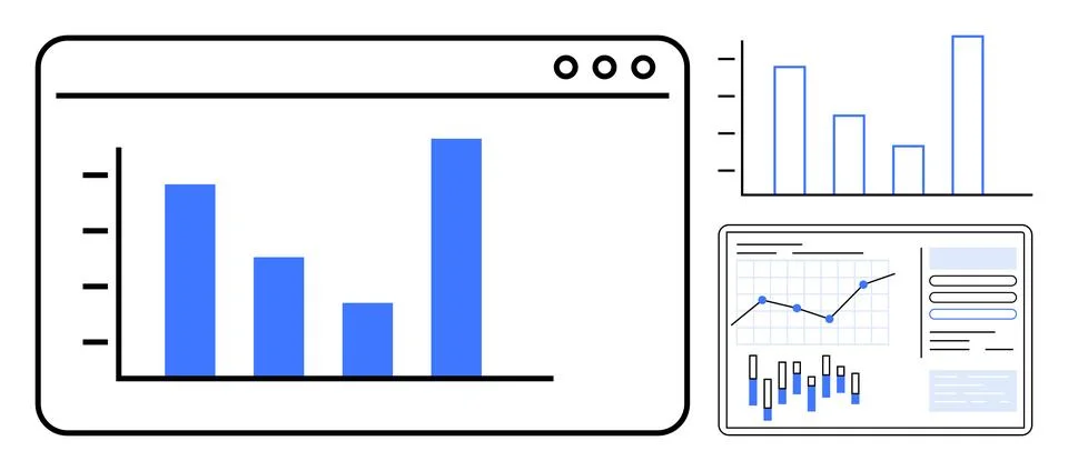 Bar graphs, line graphs, and report dashboard display various data trends and 스톡 일러스트
