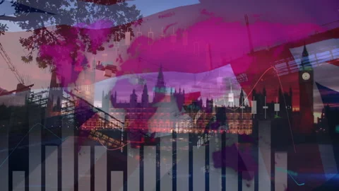 Bar graphs over Great Britain flag against cityscape Vidéo 135460916