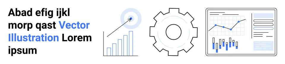 Bar graphs, target arrows, gear, line charts, and data analysis symbols. Idea Illustrazione stock