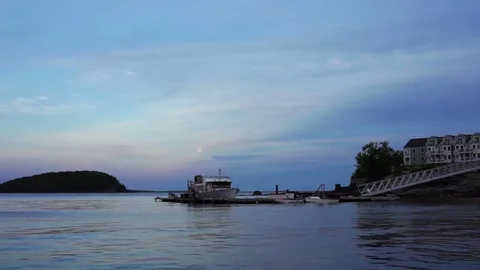 Bar Harbor, USA - June 8, 2017: View of dock, pier, boardwalk and boat Stock Footage 80201871