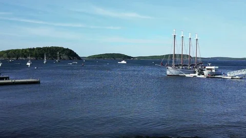 Bar Harbor, USA - June 8, 2017: View of Margaret Todd windjammer tour ship sail Stock Footage 80286383