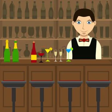 Bar inside with barman and bar counter.  Stock Illustration
