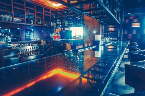 Bar interior design: modern pub with chairs, tables for socializing, resting Stock Photos
