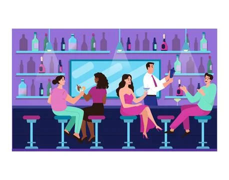 Bar interior. Friend group hanging out in bar or pub drinking alcoholic Stock Illustration