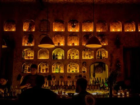 Bar interior, orange lights Stock Photos