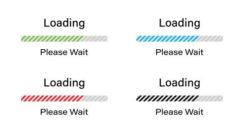 Bar loading with tilted lines please wait icon set green, blue, red and black. Stock Illustration