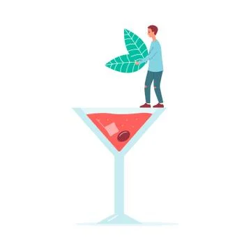 Bar man adding mint leaves in giant cocktail glass, vector illustration Illustrazione stock