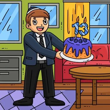 Bar Mitzvah Boy with Cake Colored Cartoon Stock Illustration