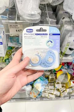 Bar, Montenegro, 9 March 2026, Chicco newborn nipples on shelf children store Stock-Fotos