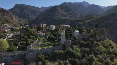 Bar Old Town aerial view overlooking historic fortifications and  mountains Stock Footage 336581794