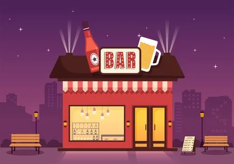 Bar or Pub Building with View at Night of Cafe Exterior in Flat Cartoon Illus Ilustración de archivo