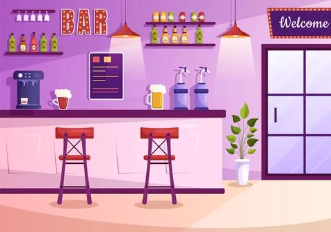 Bar or Pub at Evening with Alcohol Drinks Bottles, Bartender, Table, Interior Illustrazione stock