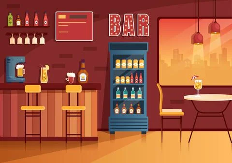 Bar or Pub at Evening with Alcohol Drinks Bottles, Bartender, Table, Interior Illustrazione stock