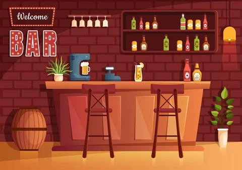 Bar or Pub at Evening with Alcohol Drinks Bottles, Bartender, Table, Interior Illustrazione stock