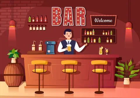Bar or Pub at Evening with Alcohol Drinks Bottles, Bartender, Table, Interior Illustrazione stock
