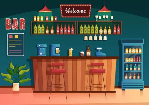 Bar or Pub at Evening with Alcohol Drinks Bottles, Bartender, Table, Interior Illustrazione stock