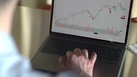 Bar price chart on laptop screen, male reader back view, stock or Video stock 180533899