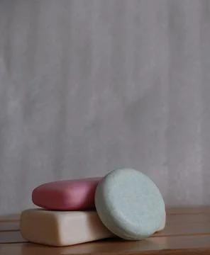 Bar of soap and solid shampoo 스톡 사진