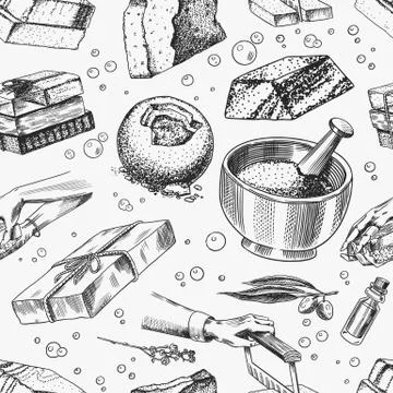 Bar of soap background. Seamless pattern. Washing hands in vintage style 스톡 일러스트