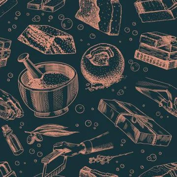 Bar of soap background. Seamless pattern. Washing hands in vintage style Illustrazione stock