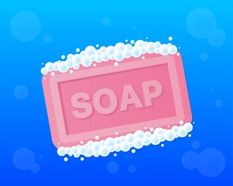 Bar of soap with foam in flat style isolated on blue background. Vector illus Stock Illustration