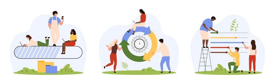 Bar status of loading process and interface settings set, tiny people load 库存插图