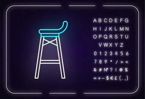 Bar stool neon light icon. Outer glowing effect. Sign with alphabet, numbers and Illustrazione stock