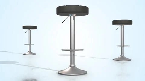Bar Stools on a Light Reflective Floor. Stainless Steel Furnitures 3D Animation. Stock Footage 305379656
