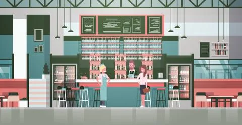 Bar Stuff Bartender, Waiter And Administrator Standing At Counter Over Bottles Stock Illustration