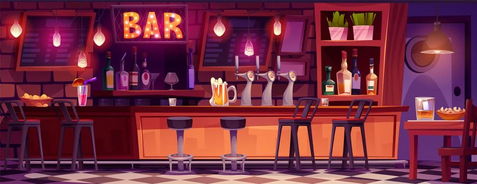 Bar table and pub interior cartoon background Illustrazione stock