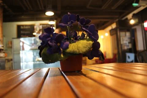 Bar table with violets Foto stock