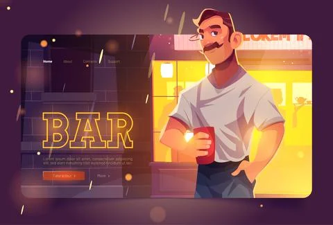 Bar website with man on background of pub front Stock Illustration
