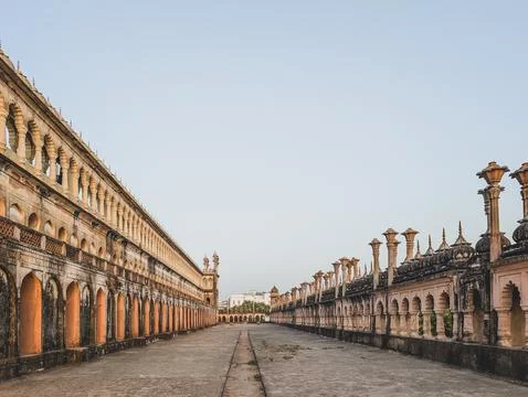 The Bara Imambara, Empty historic courtyard with arched colonnades Stock Photos