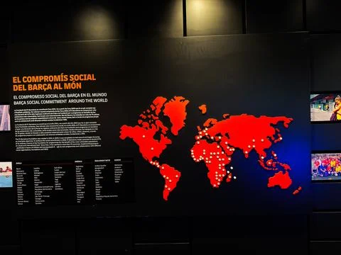 Bara social commitment world map installation on museum wall in Barcelona, .. Stock Photos