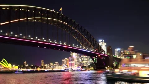 Barangaroo to Sydney Harbour bridge Vivid Sydney Light Show night timelapse 4k. Stock Footage 310868331