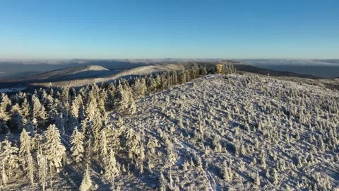 Barania Gora Observation Tower Winter Sunrise Aerial Ascent Stock Footage 335742906