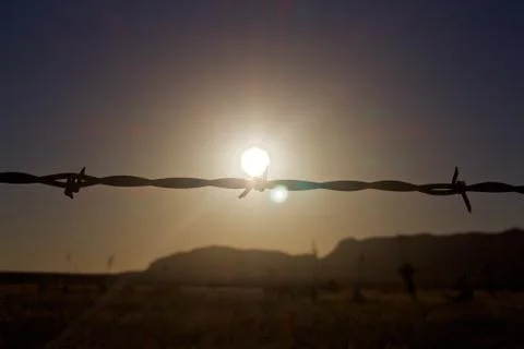 Barb wire strand with sunset in background Stock Photos