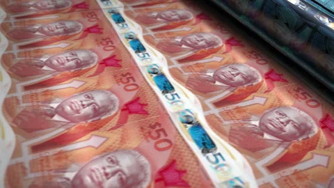 Barbados 50 Dollar money banknotes printing seamless loop Stock Footage 337619635