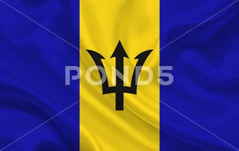 Barbados country flag on wavy silk fabric background panorama: Royalty ...