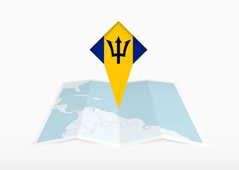 Barbados is depicted on a folded paper map and pinned location marker with .. Stock Illustration