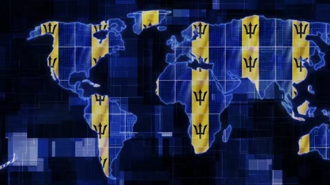 Barbados flag earth map glowing technology motion news background Stock Footage 264589769