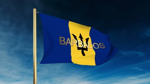 Barbados flag slider style with title. Waving in the wind with cloud background Stock Footage 48593292